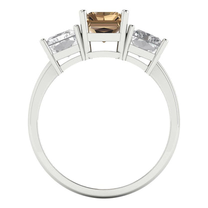 4 cttw Zirconia Simulated Champagne Diamond Three-Stone Engagement Ring - Solid Gold (VVS1, Emerald Cut,8x6mm)