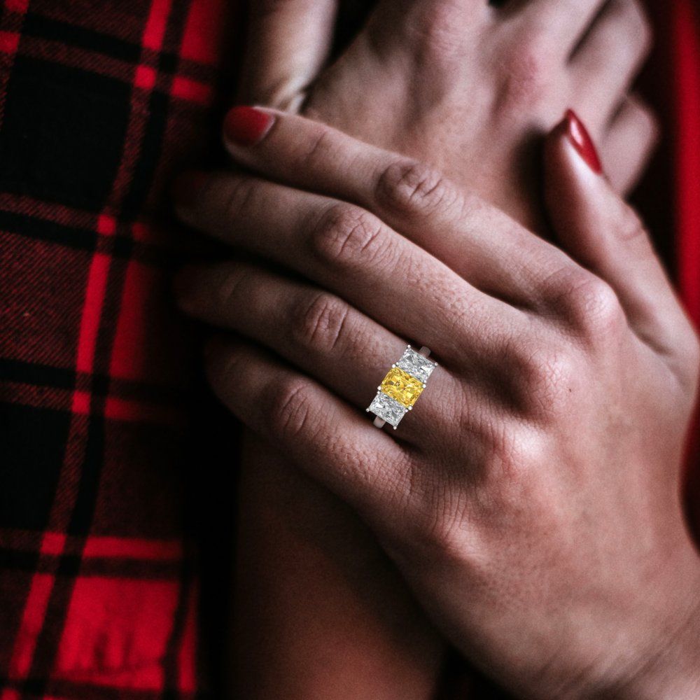 4 cttw Zirconia Simulated Yellow Diamond Three-Stone Engagement Ring - Solid Gold (VVS1, Emerald Cut,8x6mm)