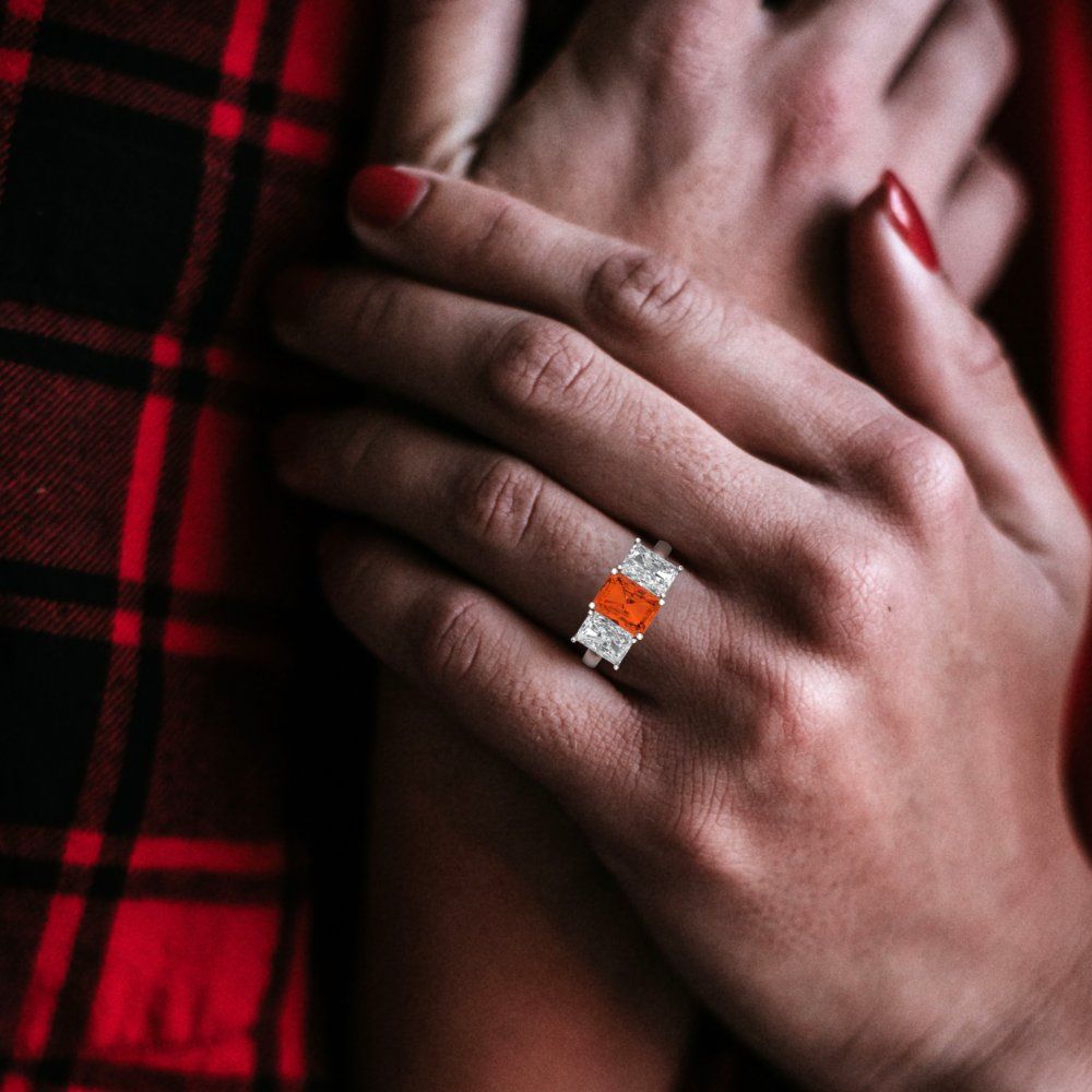 4 cttw Zirconia Simulated Red Diamond Three-Stone Engagement Ring - Solid Gold (VVS1, Emerald Cut,8x6mm)