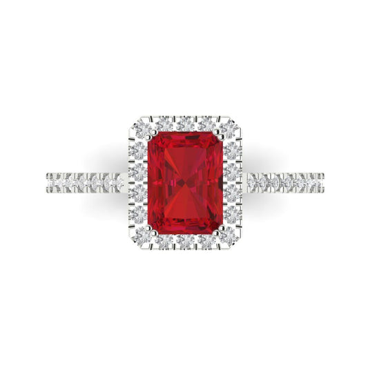 1.86 cttw Simulated Ruby Hidden Halo Engagement Ring - Solid White Gold (VVS1, Emerald Cut,7.5x5.5mm)