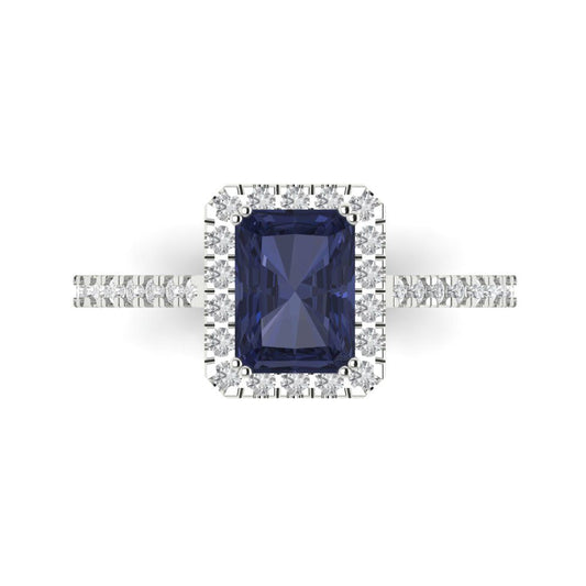 1.86 cttw Simulated Blue Sapphire Hidden Halo Engagement Ring - Solid White Gold (VVS1, Emerald Cut,7.5x5.5mm)