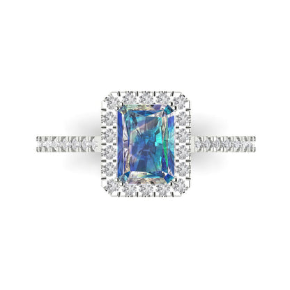 1.86 cttw Blue Moissanite Hidden Halo Engagement Ring - Solid Gold (Emerald Cut,7.5x5.5mm)