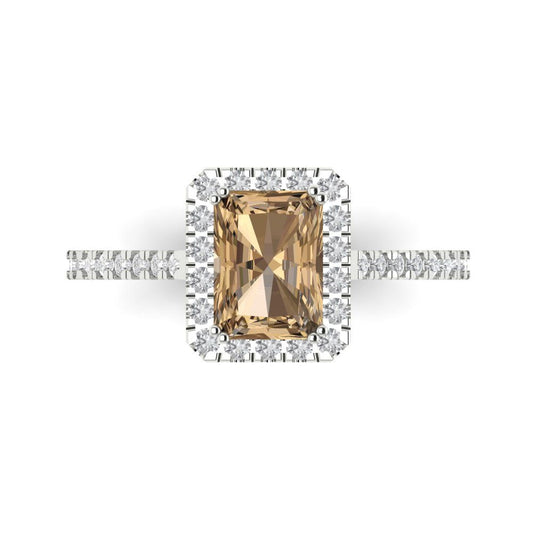 1.86 cttw Zirconia Simulated Champagne Diamond Hidden Halo Engagement Ring - Solid White Gold (VVS1, Emerald Cut,7.5x5.5mm)