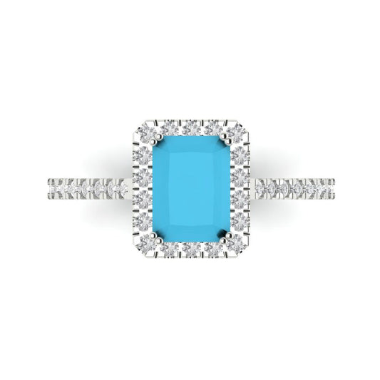 1.86 cttw Simulated Turquoise Hidden Halo Engagement Ring - Solid White Gold (VVS1, Emerald Cut,7.5x5.5mm)