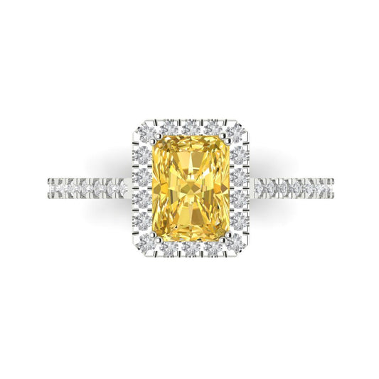 1.86 cttw Zirconia Simulated Yellow Diamond Hidden Halo Engagement Ring - Solid White Gold (VVS1, Emerald Cut,7.5x5.5mm)