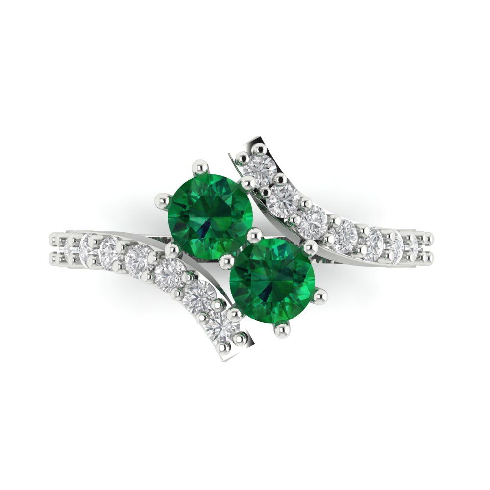 1.48 cttw Simulated Emerald Solitaire with Zirconia Simulated Diamond Accents Engagement Ring - Solid White Gold (VVS1, Round Cut,5mm)