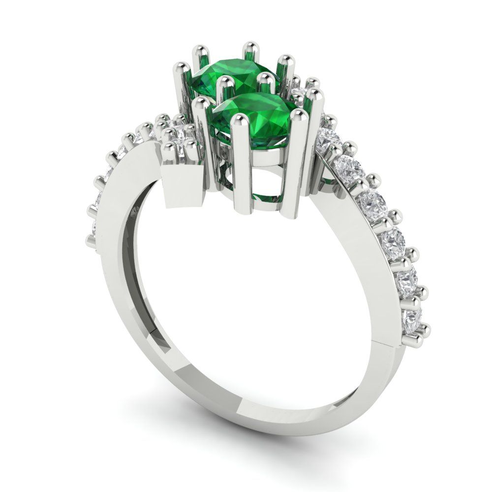 1.48 cttw Simulated Emerald Solitaire with Zirconia Simulated Diamond Accents Engagement Ring - Solid White Gold (VVS1, Round Cut,5mm)