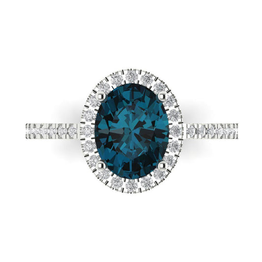 2.27 cttw Natural London Blue Topaz Hidden Halo Engagement Ring - Solid White Gold (VVS1, Oval Cut,9X7mm)