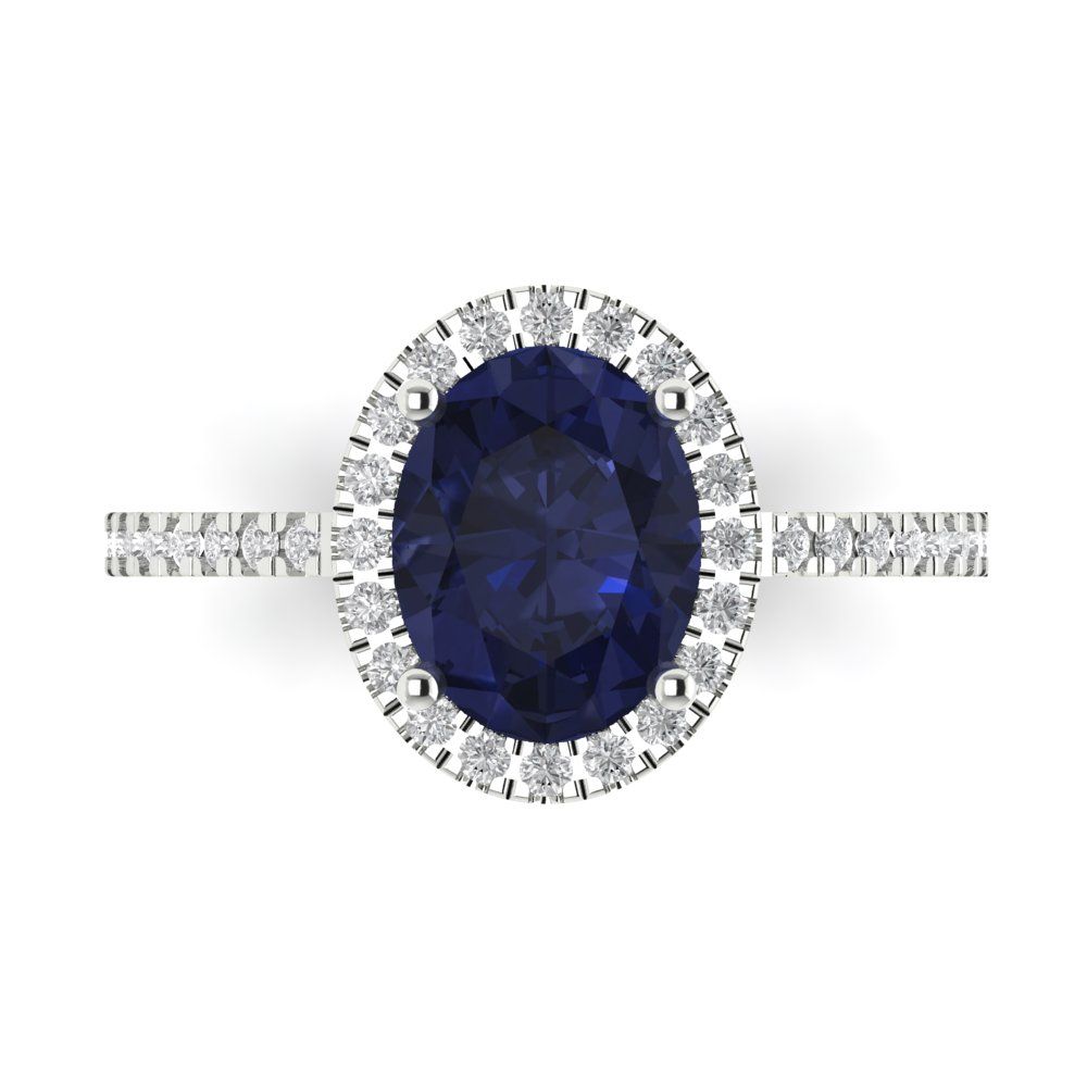 2.27 cttw Simulated Blue Sapphire Hidden Halo Engagement Ring - Solid Gold (Oval Cut,9X7mm)