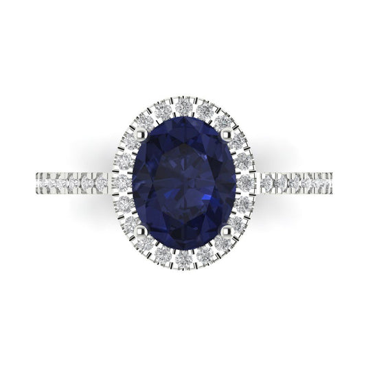 2.27 cttw Simulated Blue Sapphire Hidden Halo Engagement Ring - Solid White Gold (VVS1, Oval Cut,9X7mm)