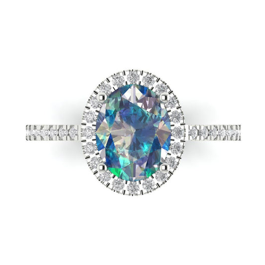 2.27 cttw Blue Moissanite Hidden Halo Engagement Ring - Solid White Gold (VVS1, Oval Cut,9X7mm)