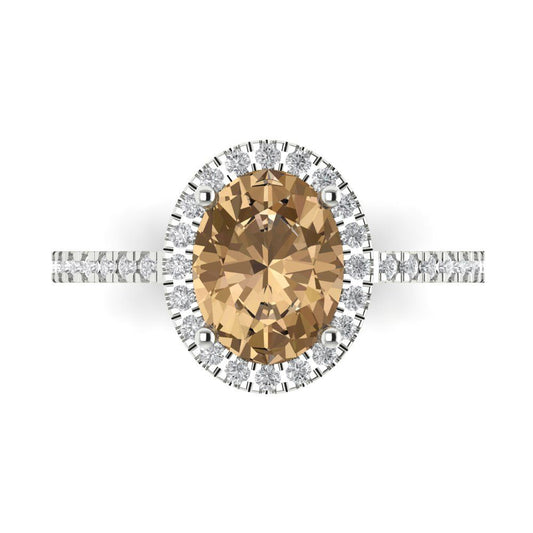 2.27 cttw Zirconia Simulated Champagne Diamond Hidden Halo Engagement Ring - Solid White Gold (VVS1, Oval Cut,9X7mm)