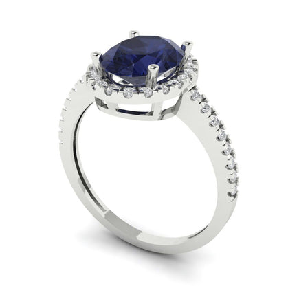 2.27 cttw Simulated Blue Sapphire Hidden Halo Engagement Ring - Solid Gold (Oval Cut,9X7mm)