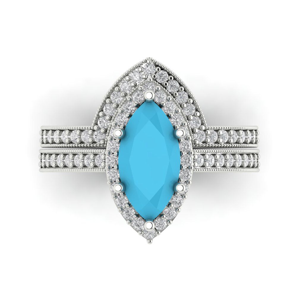 2.4875 cttw Marquise Cut Simulated Turquoise Bridal Set - Solid White Gold Engagement Ring & Wedding Band