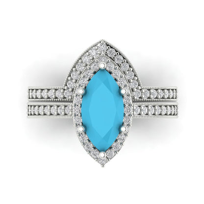 2.4875 cttw Marquise Cut Simulated Turquoise Bridal Set - Solid White Gold Engagement Ring & Wedding Band