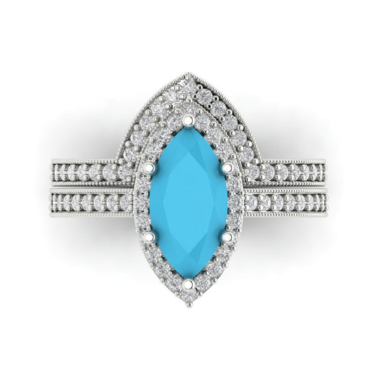 2.4875 cttw Marquise Cut Simulated Turquoise Bridal Set - Solid White Gold Engagement Ring & Wedding Band