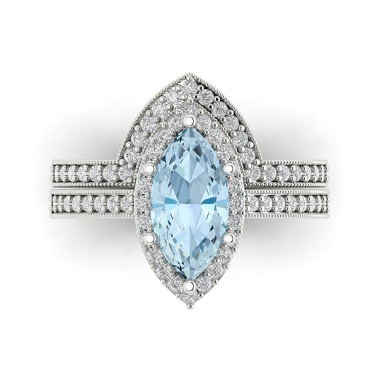 2.4875 cttw Marquise Cut Natural Aquamarine Bridal Set - Solid White Gold Engagement Ring & Wedding Band