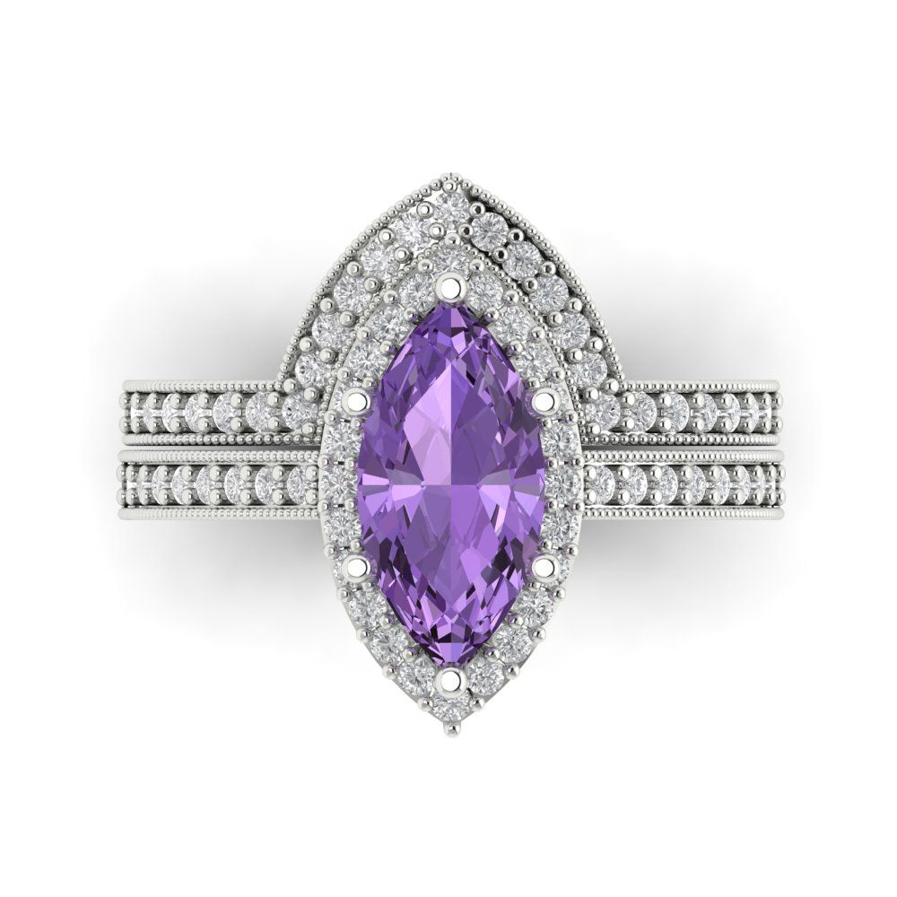 2.4875 cttw Marquise Cut Simulated Alexandrite Bridal Set - Solid White Gold Engagement Ring & Wedding Band