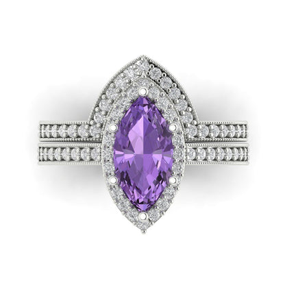 2.4875 cttw Marquise Cut Simulated Alexandrite Bridal Set - Solid White Gold Engagement Ring & Wedding Band