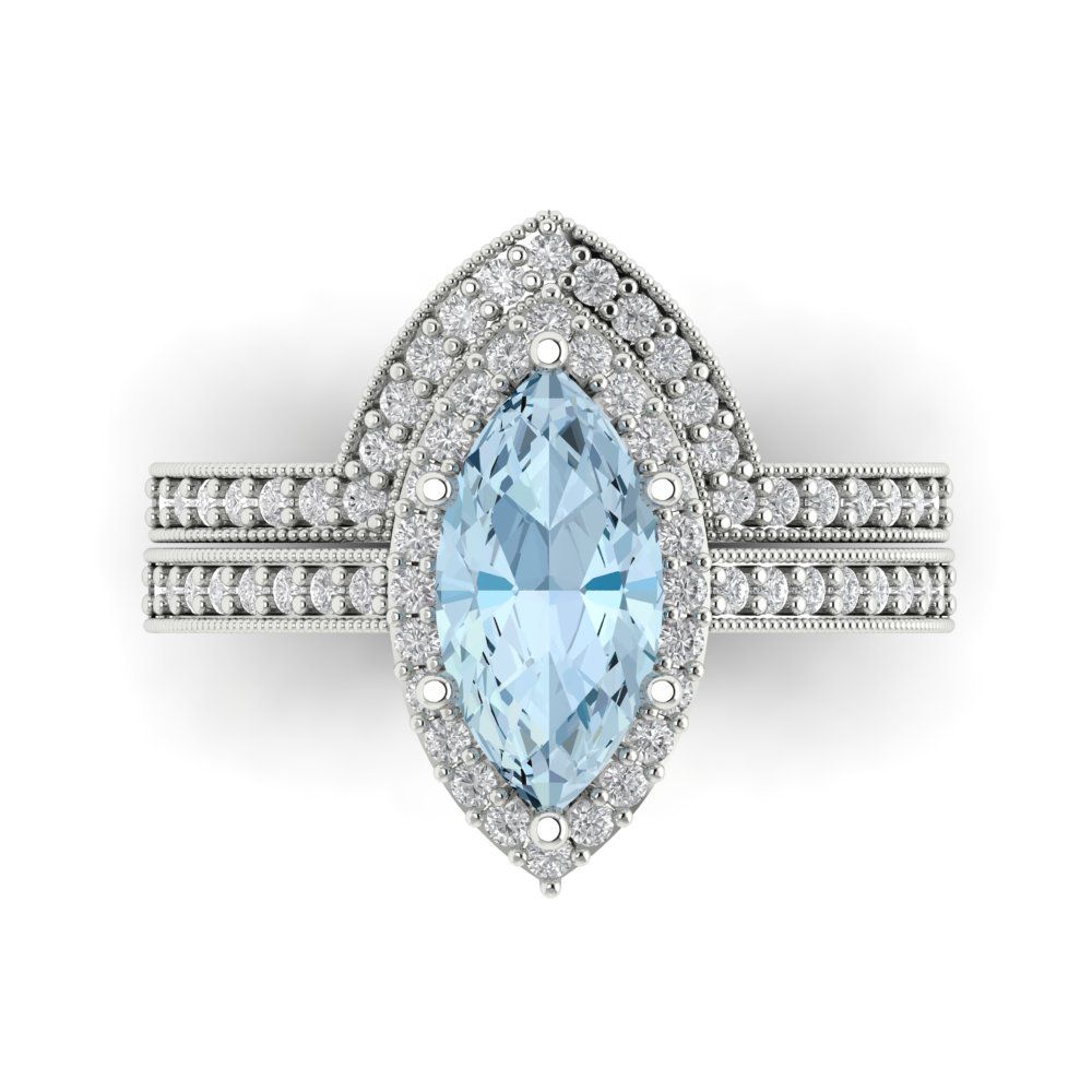 2.4875 cttw Marquise Cut Simulated Blue Diamond Bridal Set - Solid White Gold Engagement Ring & Wedding Band