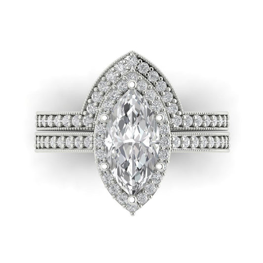 2.4875 cttw Marquise Cut Moissanite Bridal Set - Solid White Gold Engagement Ring & Wedding Band