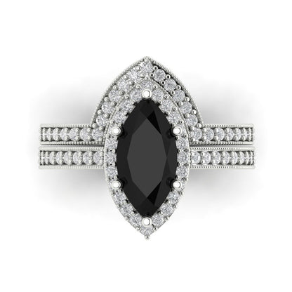 2.4875 cttw Marquise Cut Natural Onyx Bridal Set - Solid White Gold Engagement Ring & Wedding Band