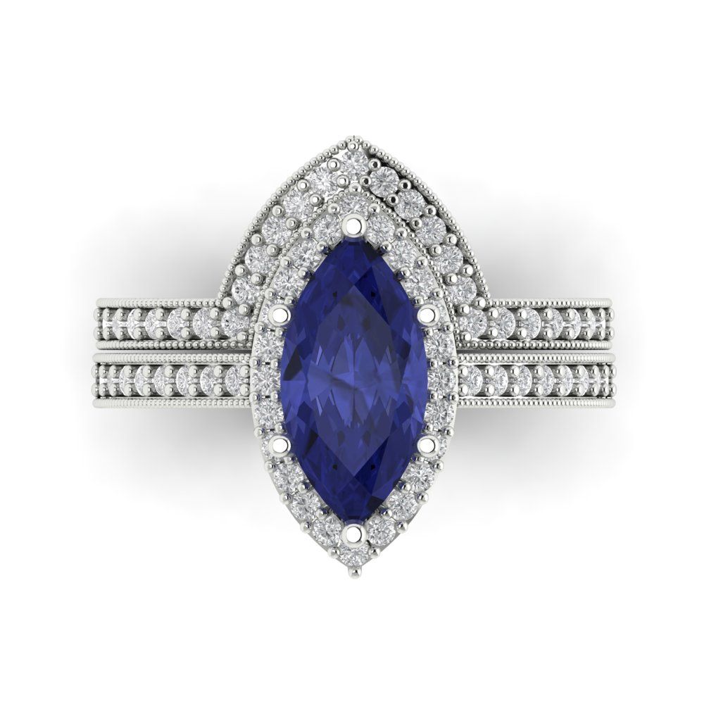 2.4875 cttw Marquise Cut Simulated Tanzanite Bridal Set - Solid White Gold Engagement Ring & Wedding Band