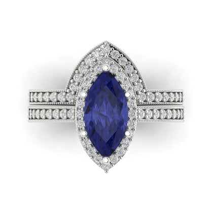 2.4875 cttw Marquise Cut Simulated Tanzanite Bridal Set - Solid White Gold Engagement Ring & Wedding Band