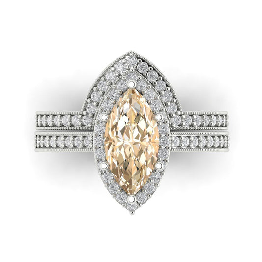 2.4875 cttw Marquise Cut Natural Morganite Bridal Set - Solid White Gold Engagement Ring & Wedding Band