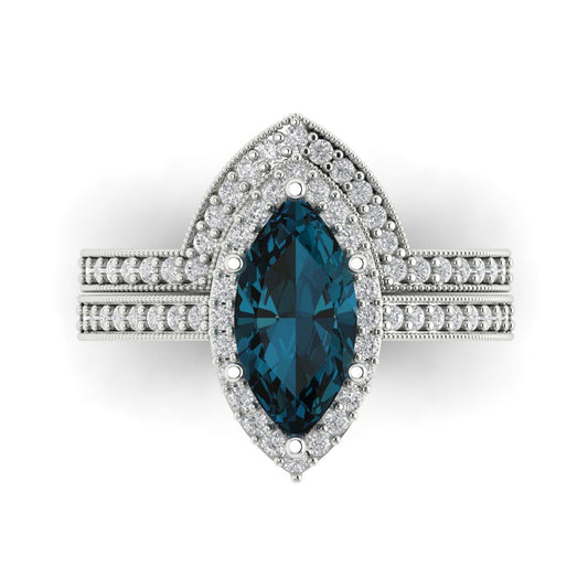 2.4875 cttw Marquise Cut Natural London Blue Topaz Bridal Set - Solid White Gold Engagement Ring & Wedding Band