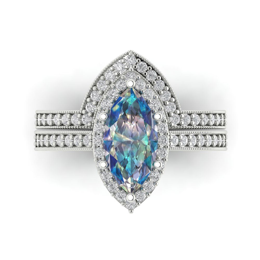 2.4875 cttw Marquise Cut Blue Moissanite Bridal Set - Solid White Gold Engagement Ring & Wedding Band