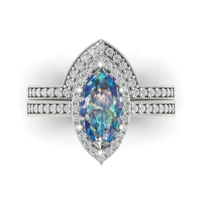 2.4875 cttw Marquise Cut Blue Moissanite Bridal Set - Solid White Gold Engagement Ring & Wedding Band
