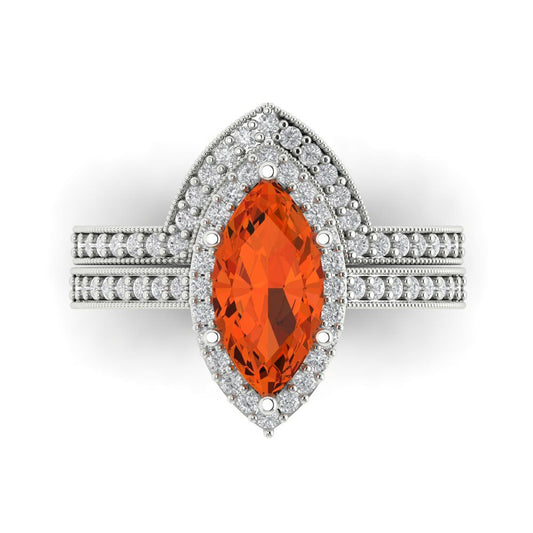 2.4875 cttw Marquise Cut Simulated Red Diamond Bridal Set - Solid White Gold Engagement Ring & Wedding Band