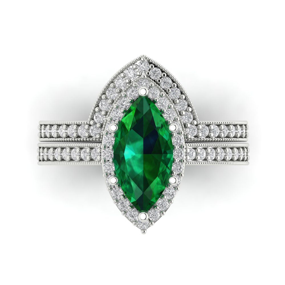 2.4875 cttw Marquise Cut Simulated Emerald Bridal Set - Solid White Gold Engagement Ring & Wedding Band