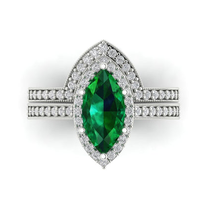 2.4875 cttw Marquise Cut Simulated Emerald Bridal Set - Solid White Gold Engagement Ring & Wedding Band