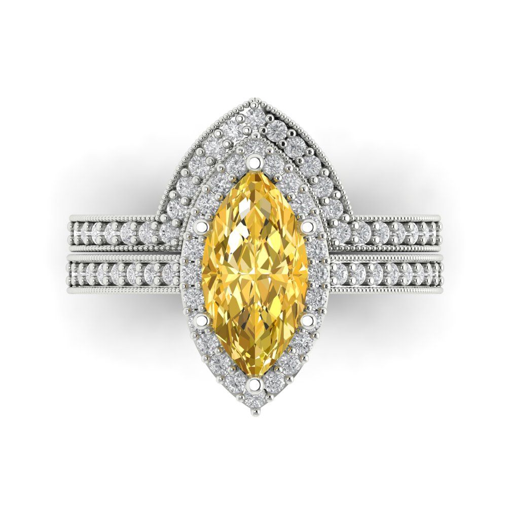 2.4875 cttw Marquise Cut Simulated Yellow Diamond Bridal Set - Solid White Gold Engagement Ring & Wedding Band