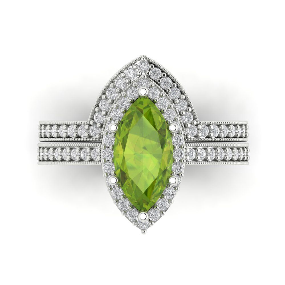 2.4875 cttw Marquise Cut Natural Peridot Bridal Set - Solid White Gold Engagement Ring & Wedding Band