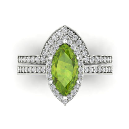 2.4875 cttw Marquise Cut Natural Peridot Bridal Set - Solid White Gold Engagement Ring & Wedding Band