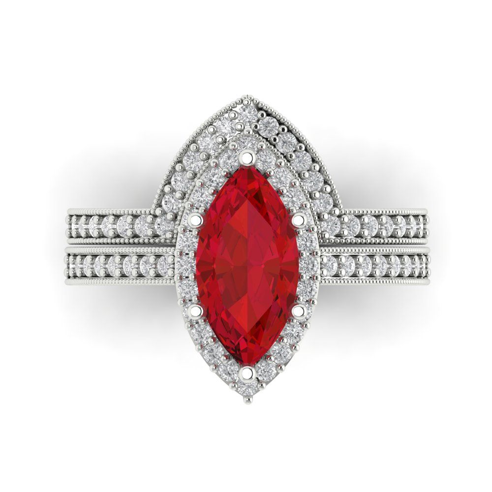 2.4875 cttw Marquise Cut Simulated Ruby Bridal Set - Solid White Gold Engagement Ring & Wedding Band