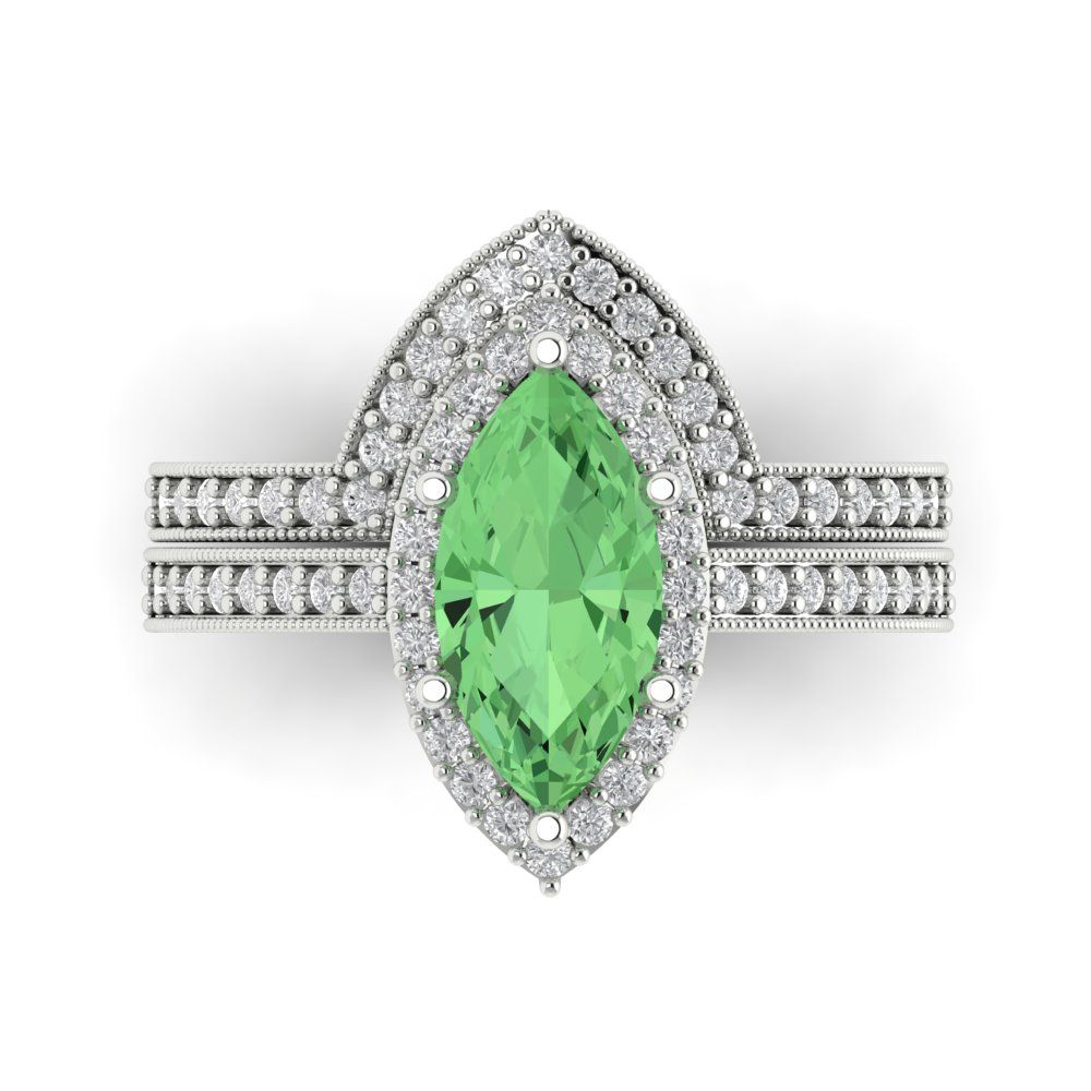 2.4875 cttw Marquise Cut Simulated Green Diamond Bridal Set - Solid White Gold Engagement Ring & Wedding Band
