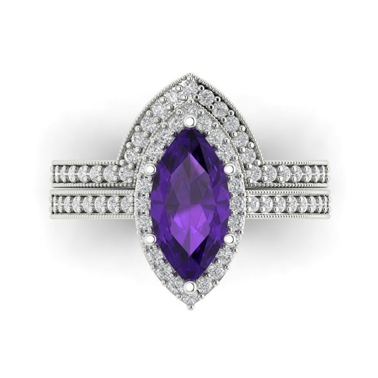 2.4875 cttw Marquise Cut Natural Amethyst Bridal Set - Solid White Gold Engagement Ring & Wedding Band