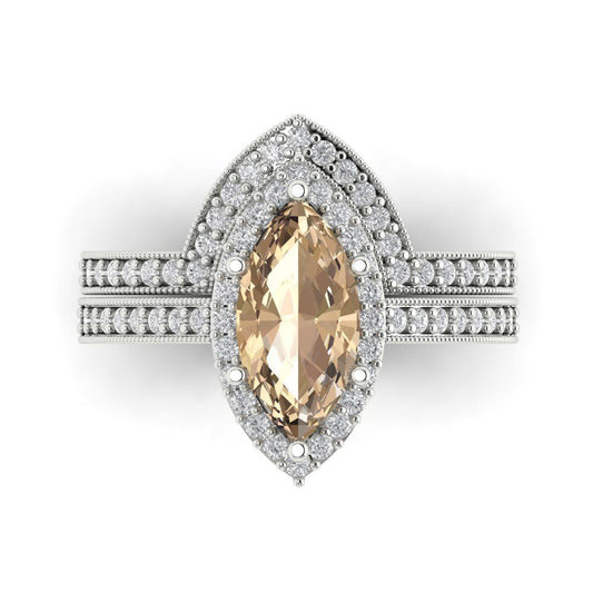 2.4875 cttw Marquise Cut Yellow Moissanite Bridal Set - Solid White Gold Engagement Ring & Wedding Band