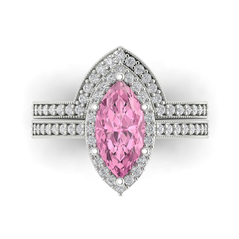 2.4875 cttw Marquise Cut Simulated Pink Diamond Bridal Set - Solid White Gold Engagement Ring & Wedding Band