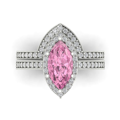 2.4875 cttw Marquise Cut Simulated Pink Diamond Bridal Set - Solid White Gold Engagement Ring & Wedding Band