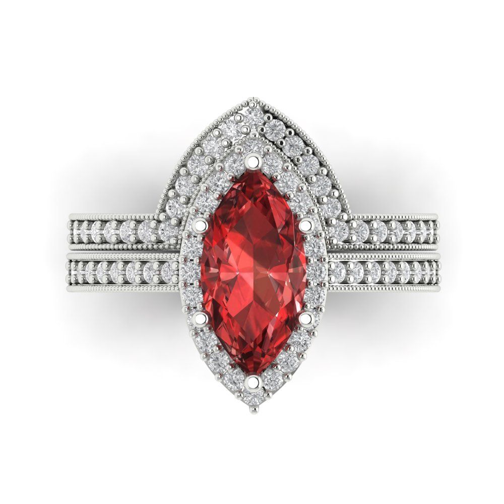 2.4875 cttw Marquise Cut Natural Garnet Bridal Set - Solid White Gold Engagement Ring & Wedding Band