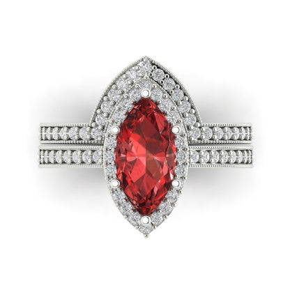 2.4875 cttw Marquise Cut Natural Garnet Bridal Set - Solid White Gold Engagement Ring & Wedding Band