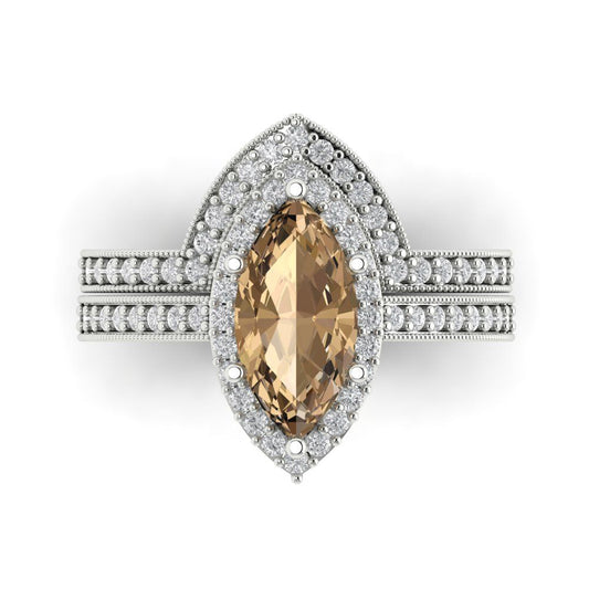 2.4875 cttw Marquise Cut Simulated Champagne Diamond Bridal Set - Solid White Gold Engagement Ring & Wedding Band