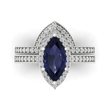 2.4875 cttw Marquise Cut Simulated Blue Sapphire Bridal Set - Solid White Gold Engagement Ring & Wedding Band
