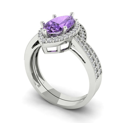 2.4875 cttw Marquise Cut Simulated Alexandrite Bridal Set - Solid White Gold Engagement Ring & Wedding Band