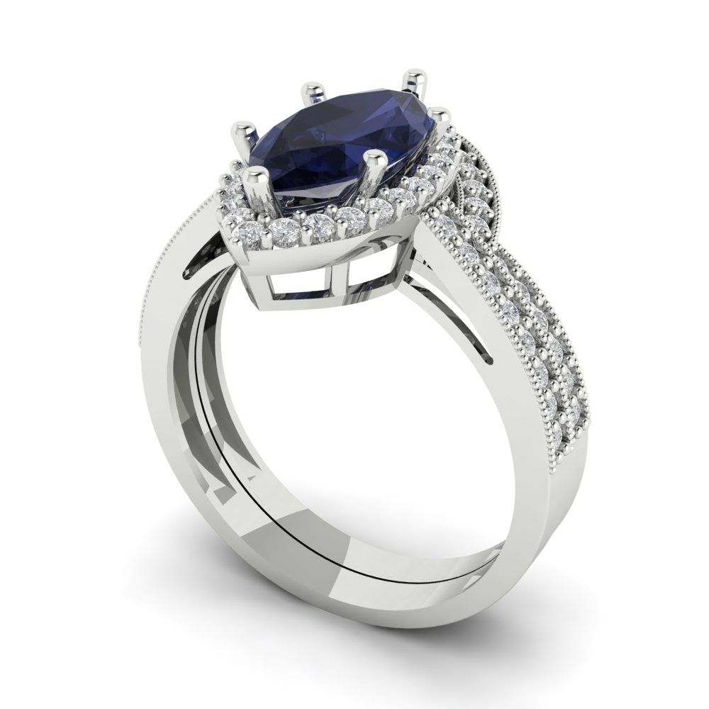 2.4875 cttw Marquise Cut Simulated Blue Sapphire Bridal Set - Solid White Gold Engagement Ring & Wedding Band